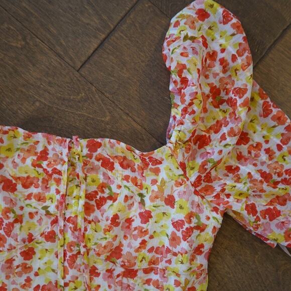 BCBGeneration Fit & Flare Dress Womens 6 Orange Ditsy Floral Puff Short Sleeve - Picture 10 of 12